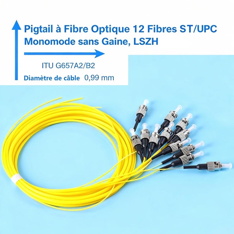 Elfcam - Fiber Optic Pigtail 12 Fibers Singlemode Simplex ST/UPC 9/125um OS2, Yellow - Image 2